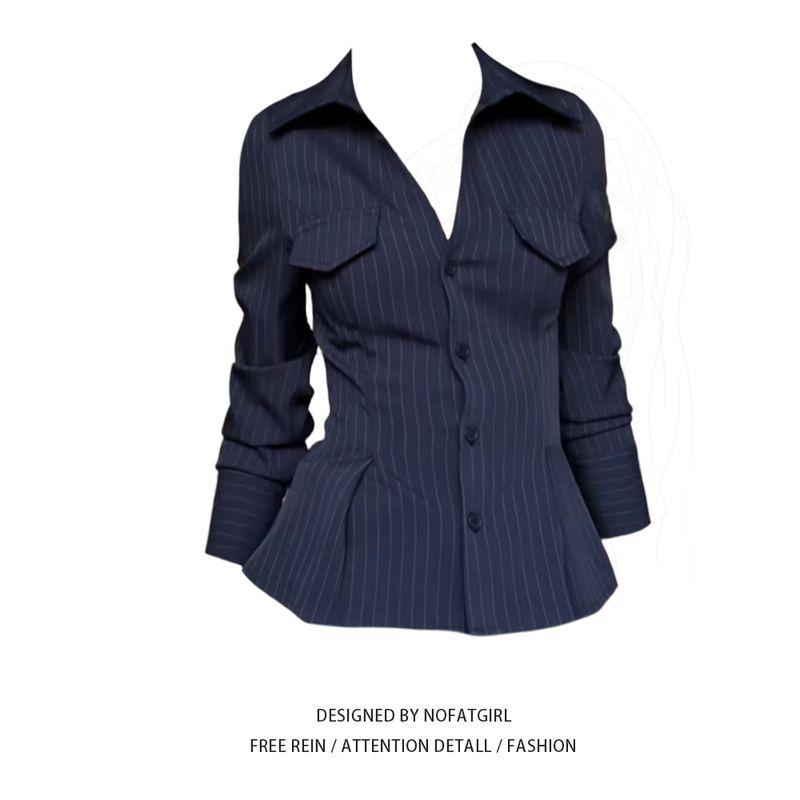 

Plus size Chubby Girl French style V-neck Shirts Women Spring New Elegant High Sense Slim fit Slimming Waist Hugging Long sleeve Top Striped Shirt M