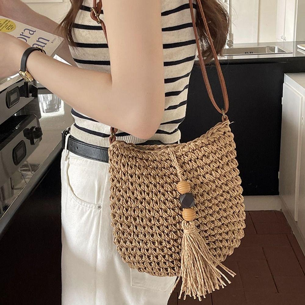 Pu Leather Weave Straw Crossbody Bag Wood Bead Tassels Beach Bag Fashion Raffia Bag  Shopping
