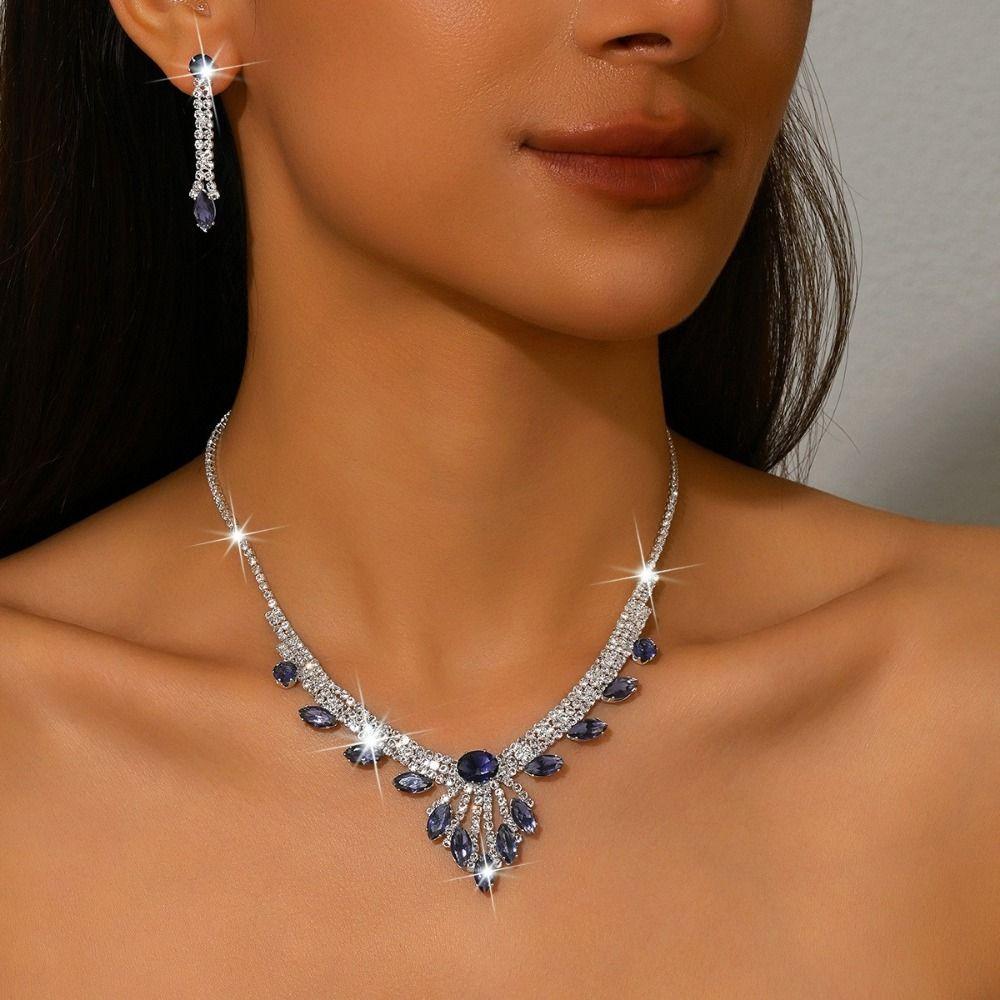 Fashion Stud Earrings Collarbone Chain Set Rhinestones Inlaid Bridal Wedding Jewelry  Engagements