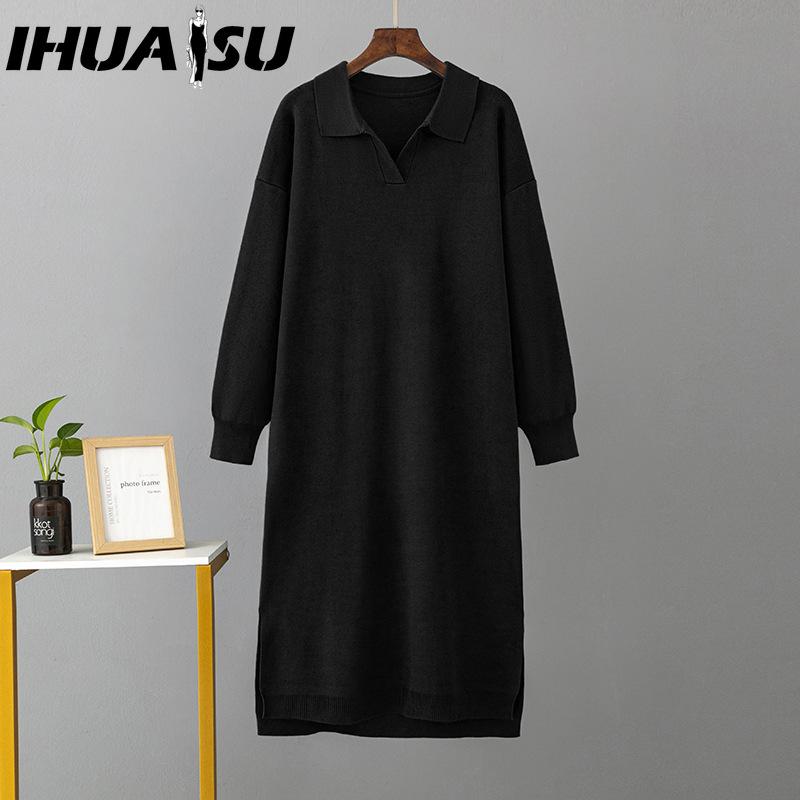 IHUASU Women's Autumn Winter Knitted Loose Large Solid Color Polo Collar Dresses with Lining