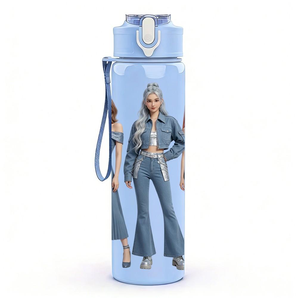 1PC Three Ladies Denim Outfit 750ml Color Plastic Sports Water Bottle Leakproof Flip Straw Lid Suitable for Sports Office Home Use