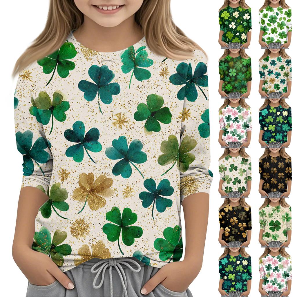 St. Patrick's Day Print Tops For Youth Girls 4-11 Years Round Neck 3/4 Sleeves T-Shirts Trendy Tops Outfit Tees