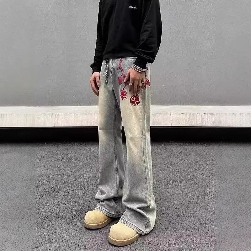 Mens Straight Fit Denim Jeans With Vintage Embroidery Mid-Rise Casual Streetwear Pants Cotton Blend Washed Finish
