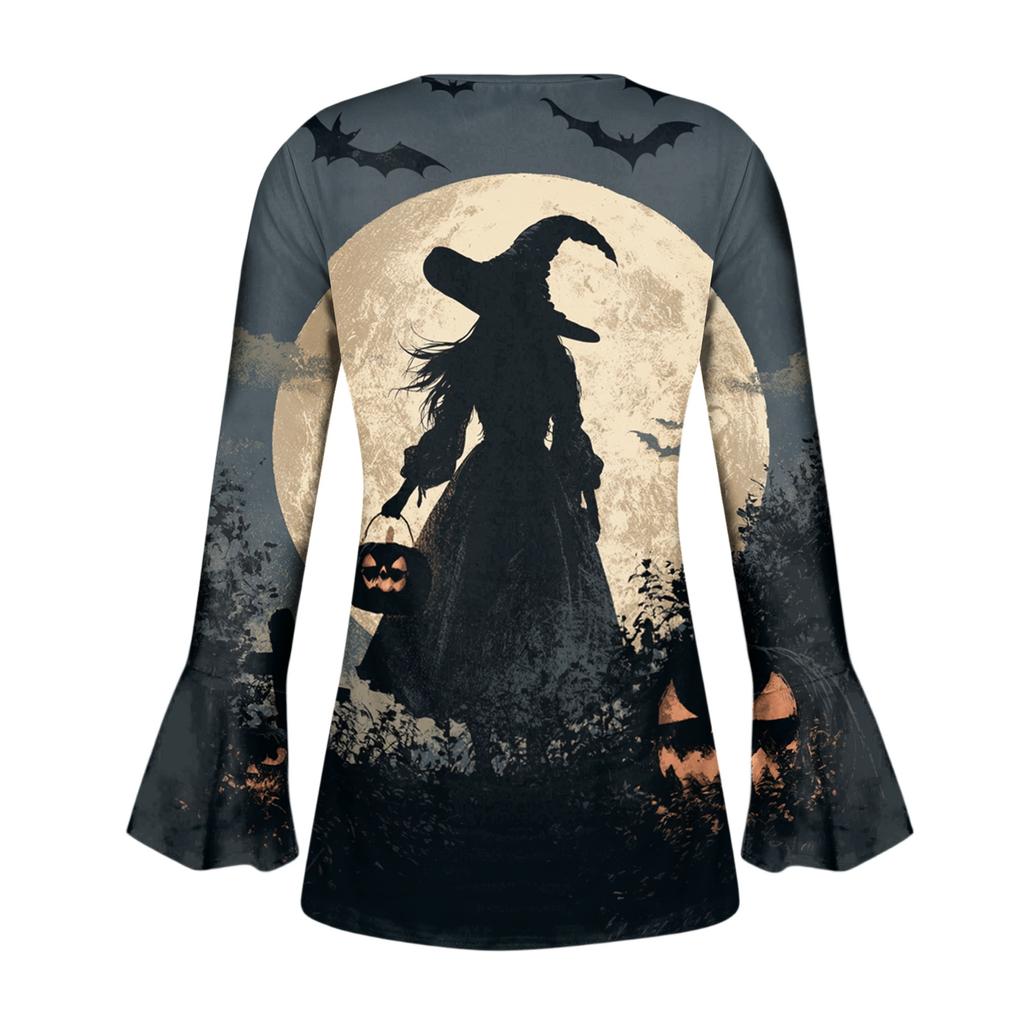 Women's Halloween Print V-Neck Long Sleeve T-Shirt with Sleeves and Pleated Button Front