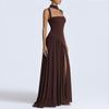 Quadratischer Ausschnitt Rückenfrei Sexy Maxikleid Damenrobe Elegant Ärmellos Hoher Beinschlitz Plissiert Club Party Langes Kleid