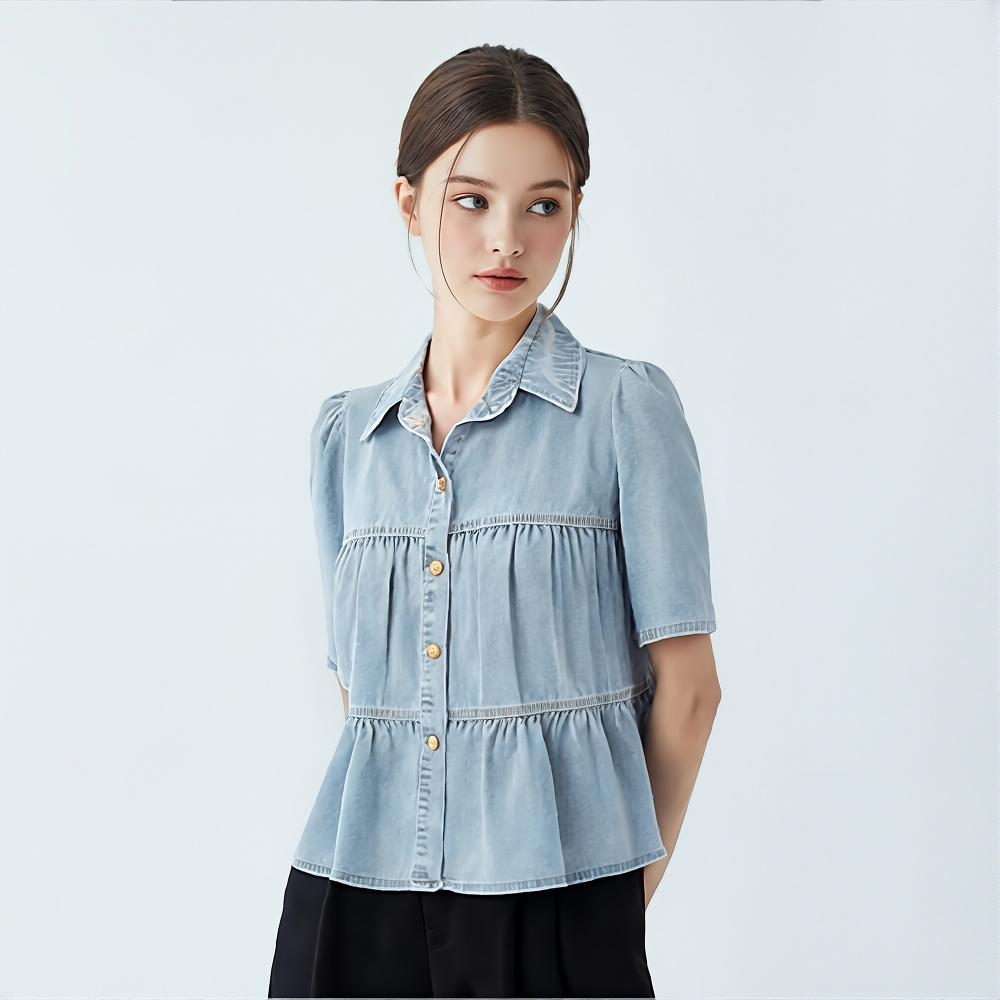 PAIGEFLYNN Tiered Tiered Denim Blouse_S5Bbl052C