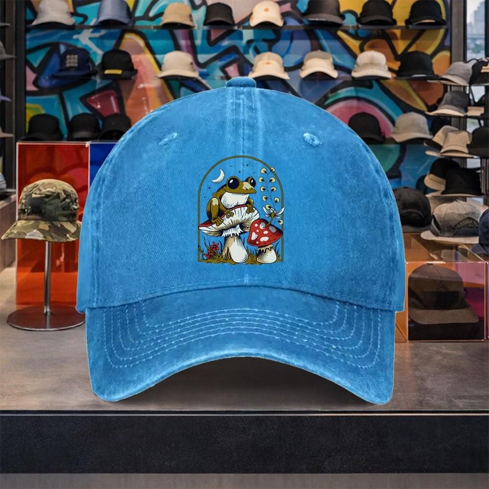 Frog Mushroom Graphic Baseball Cap Washed Cotton Vintage Adjustable Outdoor Casual Hat