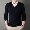 Men's V-Neck Solid Color Sweater - 100% Fine Wool, Thickened for Autumn/Winter, Long Sleeve Knitwear