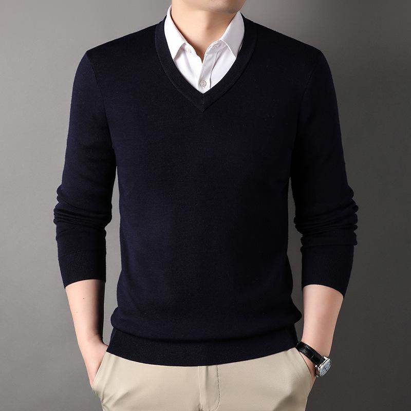 Men's V-Neck Solid Color Sweater - 100% Fine Wool, Thickened for Autumn/Winter, Long Sleeve Knitwear