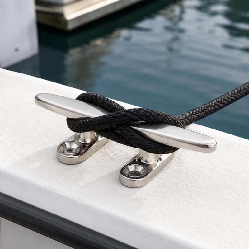 Boat Dock Cleat Hardware In Stainless Steel with Countersunk Bolt-Down Base for Rope Tie-Off & Mooring Lines