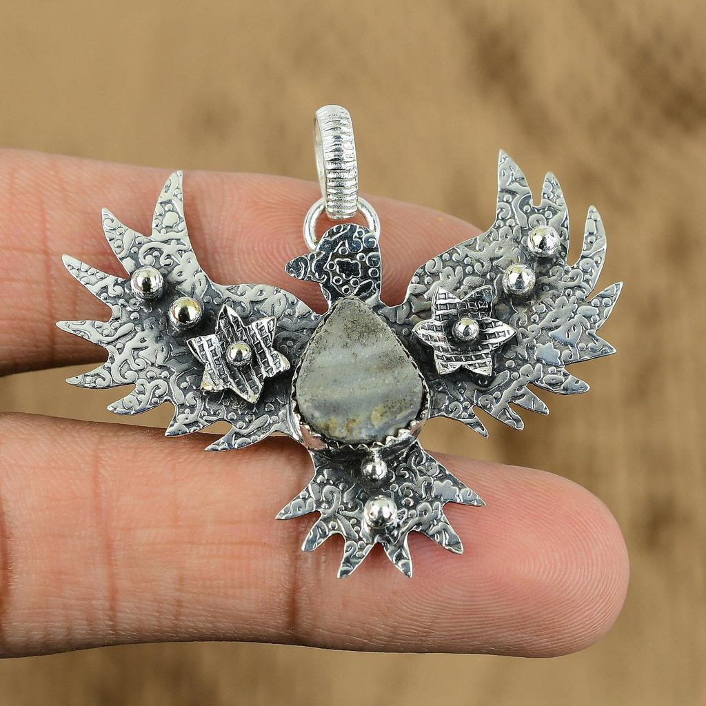 Mothers day Deal Sterling Silver Pear Natural Geode Agate Druzy Eagle Pendant