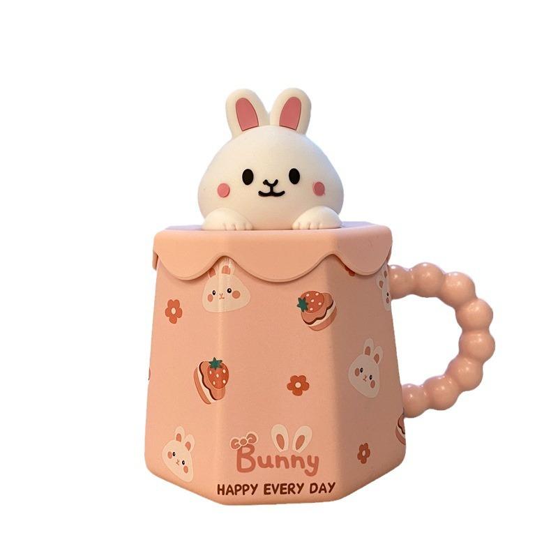 Rabbit Straw Mug Girl Heart Cup Cute Cartoon High Value Children's Water Cup Household Ceramic Cup with Lid