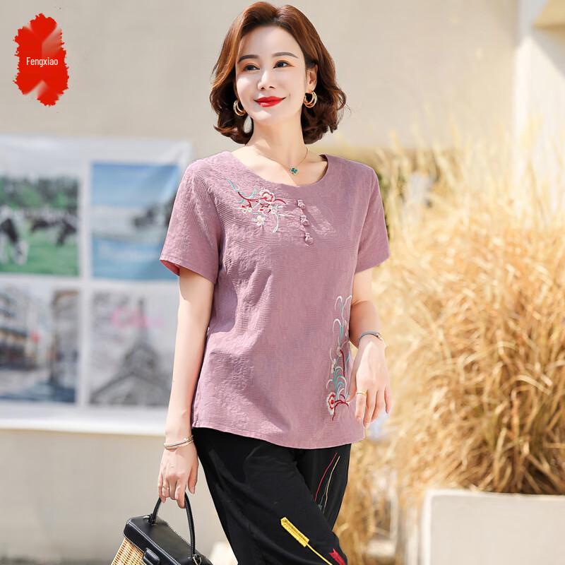 Elderly Women's Summer Cotton Linen Short-Sleeve Set