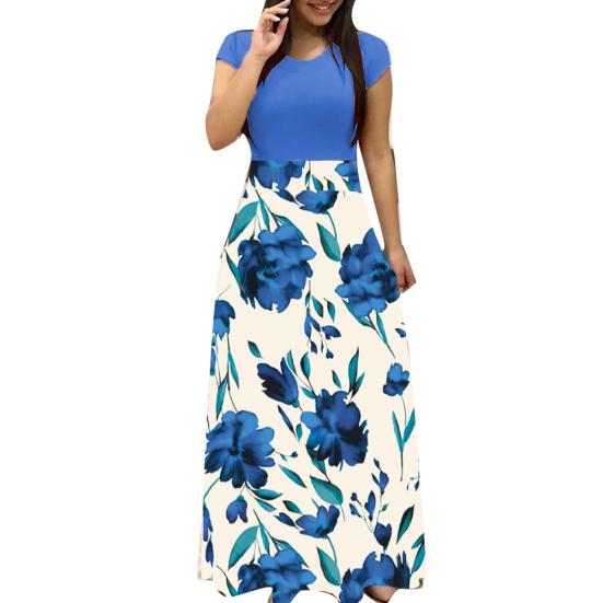 Damen O-Ausschnitt Lang Kurzarm Blumenmuster Großer Saum Tailleneng Maxi-Kleid