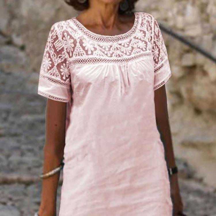 Women Casual Summer Loose Cotton Linen Mini Short Sleeve Round Neck Lace Sundress Beach Short Dresses
