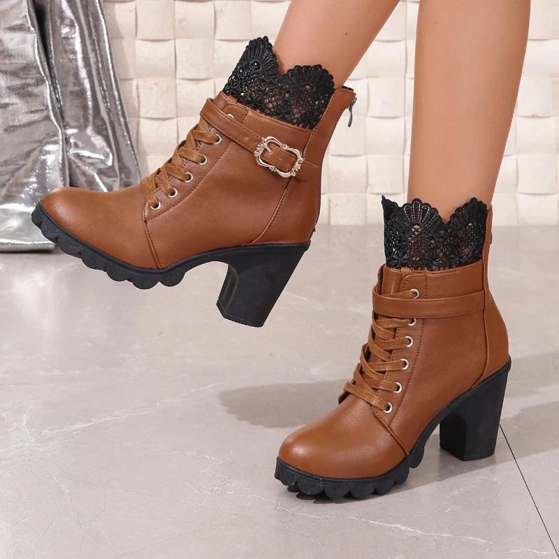 Fashion Quality Women Boots Lace Block High Heels for Woemn Platform Boots Lace Up Bow Lady Ankle Boot and Comfy Walking Boots 2025 New