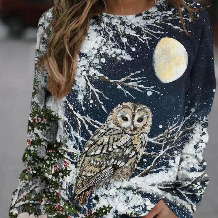 

Casual Owl Printed Women Round Neck Multicolor Sweatshirt Snowy Branches Sleeve Moon 5XL