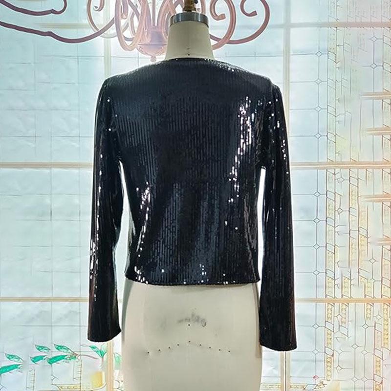 Chic Shiny Sequins Casual Jacket Women Fashion Sparkly Glitter Short Coats Slim Fit Long Sleeves Open Front Cardigan Outwear
