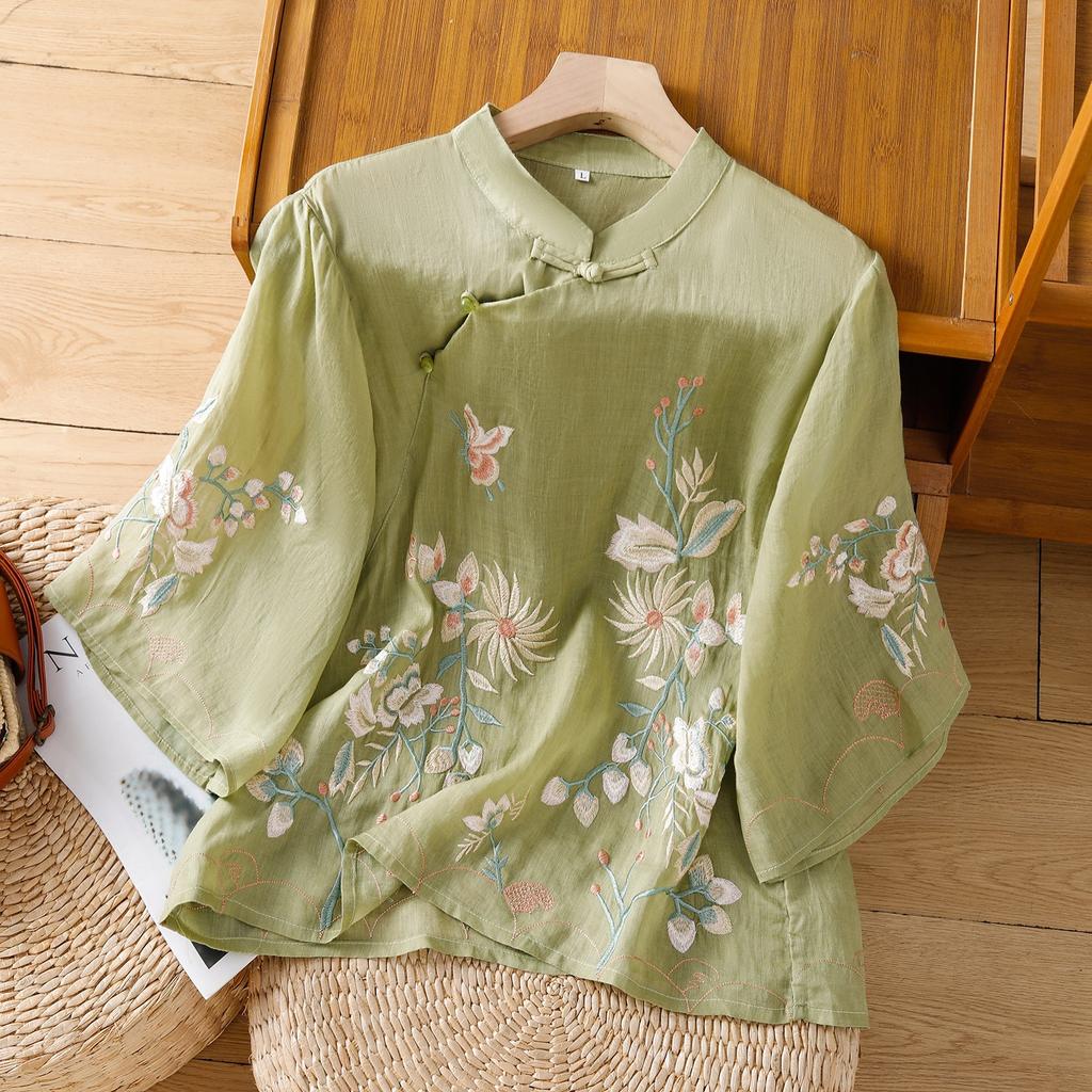Retro embroidered cotton and linen shirt women's summer new stand-up collar diagonal placket buckle temperament top
