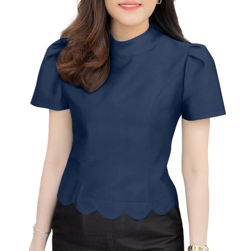 

ZANZEA Women Casual Stand Collar Wave Edge Hem Summer Short Sleeve Blouse S