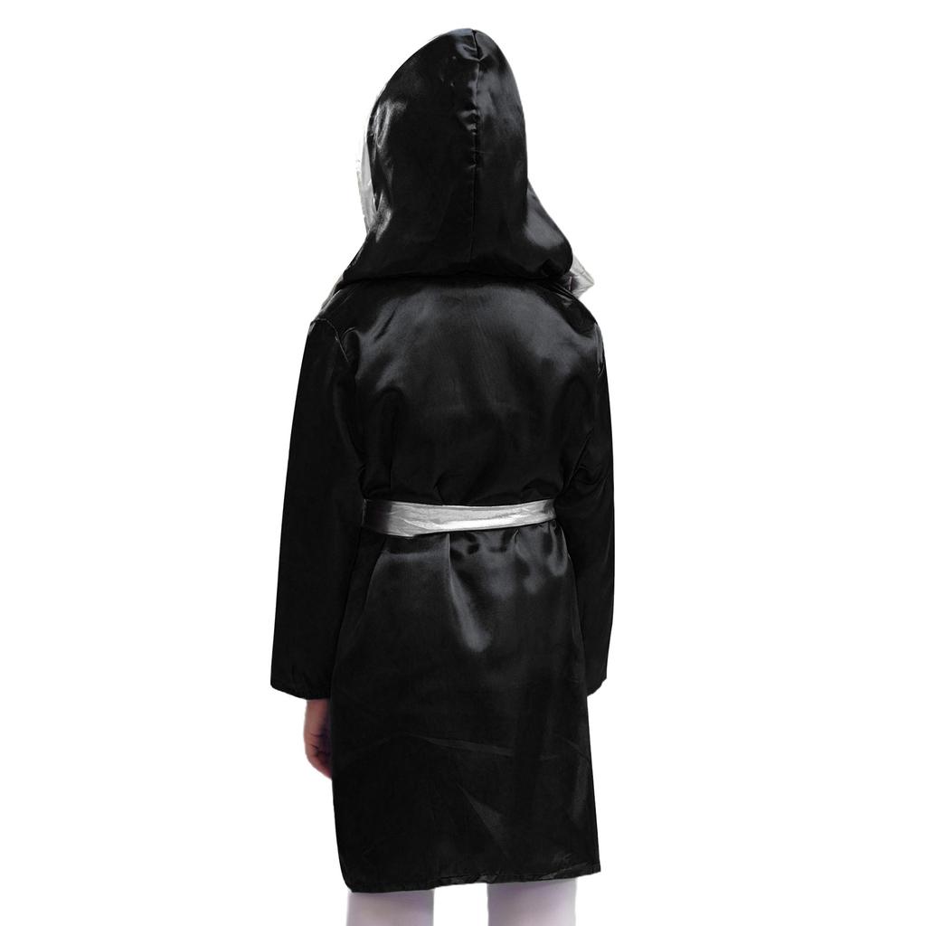 Unisex Çocuk Boks Robası Cadılar Bayramı Cosplay Kostümü Uzun Kollu Önü Açık Metalik Kenarlı Saten Kapüşonlu Pelerin Kemer