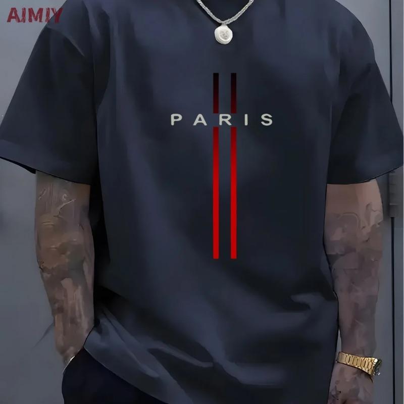 Summer Men's T-shirt Top Casual Loose Fit Oversized T-shirt PARI Letter Pattern Printed Round Neck Short Sleeved Shirt