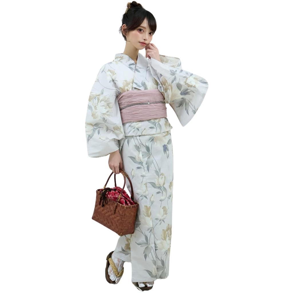 RAVIR Yukata Light Classic Peony with Fluffy Obi Belt and Geta One Size Fits All Women's 3-Piece Set, Gray, Pattern, Sandals, Yellow,