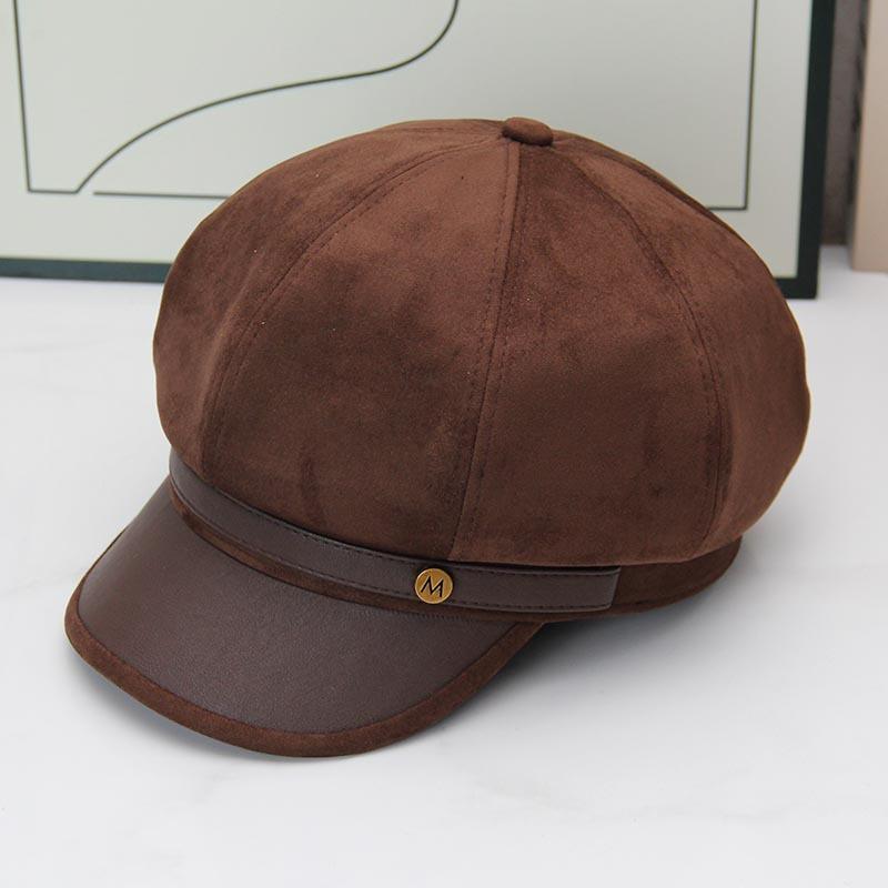 Autumn and winter new suede octagonal hat women's M metal label belt newsboy hat British retro versatile painter hat