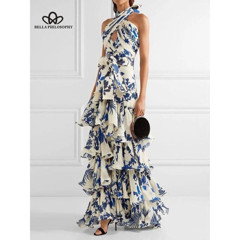 Summer New Bohemian Vacation Style Strappy Lolita Big Swing Printed Dresses Beach Style Long Dress