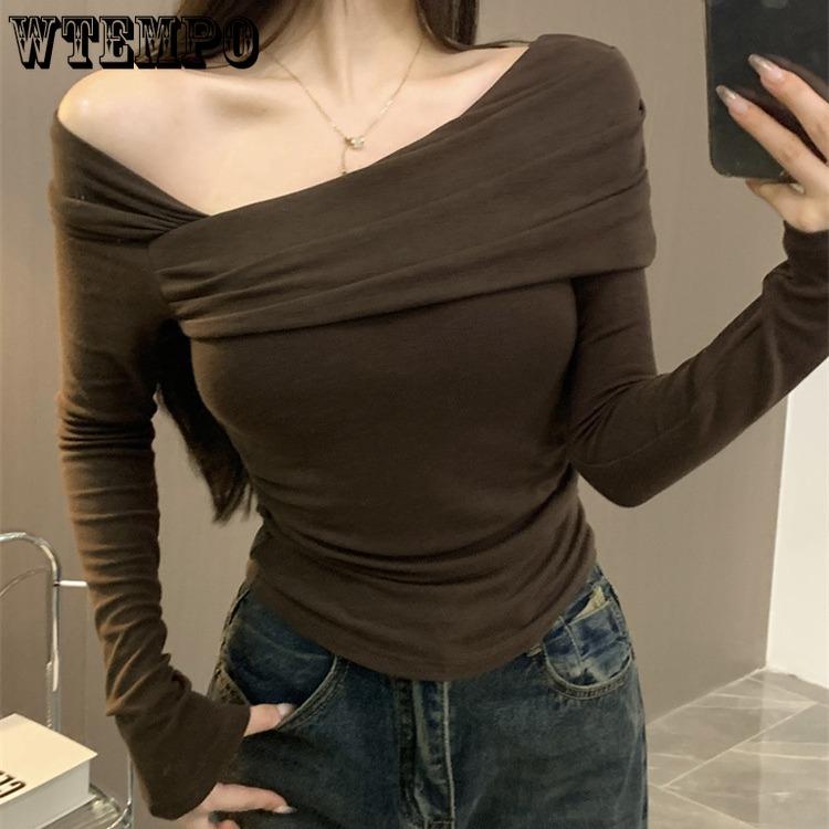 Women's Long Sleeved T-shirt Base Shirt Top Women's Slim Fit Slanted Neck One Shoulder T-shirt