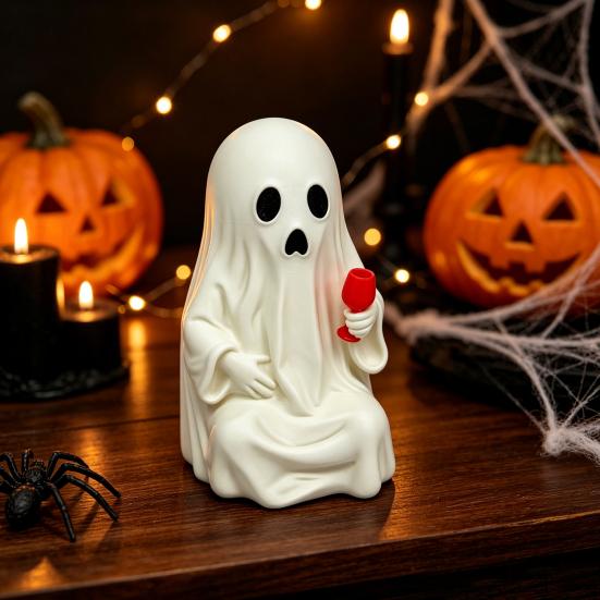 Interesting Party Supplies for Adults 3D Printed Ghost Figurine with Wine Glass, Funny Halloween Desktop Dark Style Decorations Decor Statue, Novelty