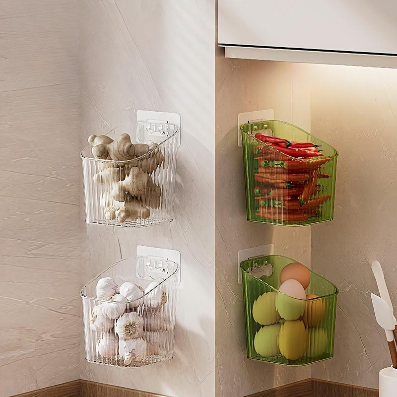 3pcs wall-mounted ginger & garlic storage boxes, no-drill, visible plastic baskets, for kitchen & bathroom, home & commercial use