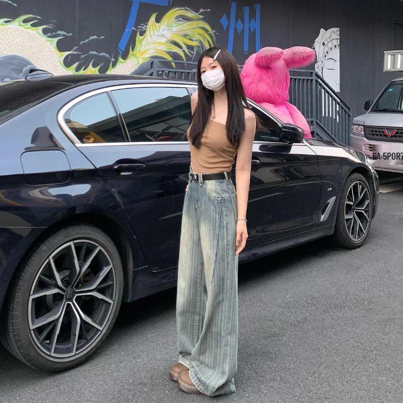 High-Waisted Retro Striped Wide-Leg Jeans - Women's Autumn/Winter Korean Style