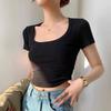 Front shoulder square neck short-sleeved T-shirt women's summer new small short navel U-neck white top