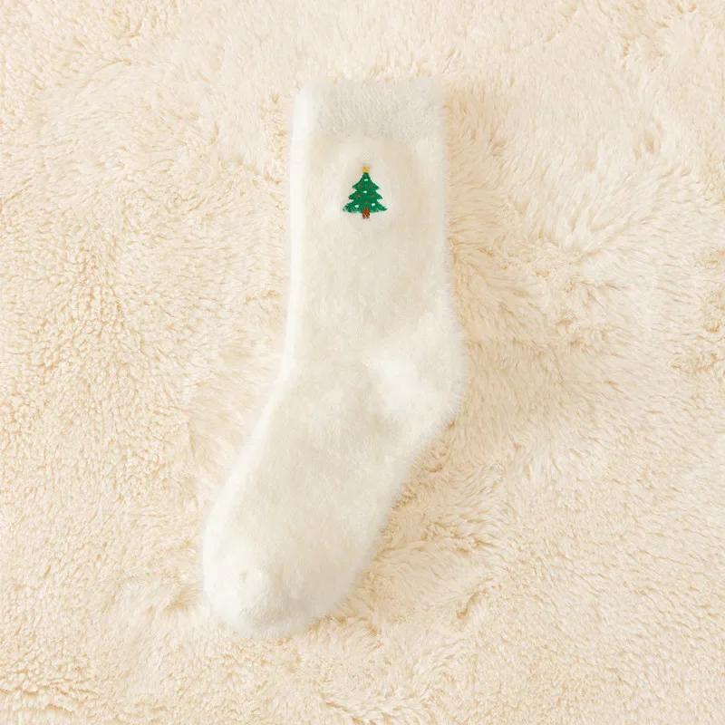 5pairs White Mink Fur Socks Soft Warm Winter Socks Women Christmas Santa Reindeer Snowman Cozy Fuzzy Plush Boot Home Sockings
