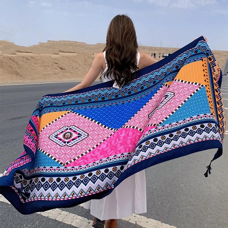 Design Brand Women Scarf Sunscreen Cotton Shawls Dual-Use Summer Autumn Long Scarves Seaside Holiday Beach Towel Beachwear Veils