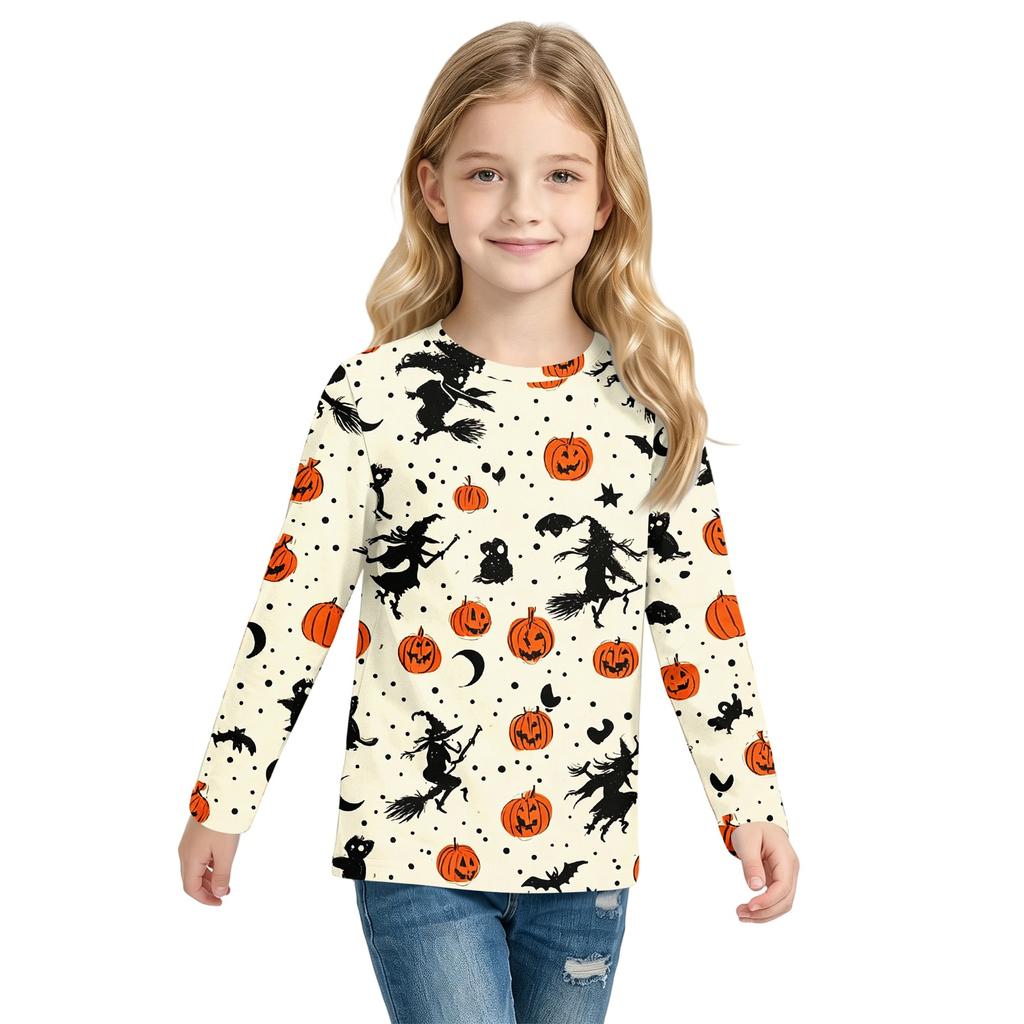 Children's Halloween Print Long Sleeve Neck T-Shirt for Boys Girls