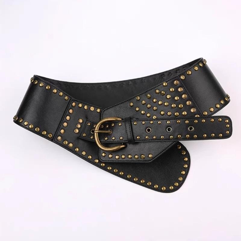PU Leather Female Waist Belt with Irregular Buckle Rivets Decors PU Waist Belt Hollowed out Waistband for Coat Shirt