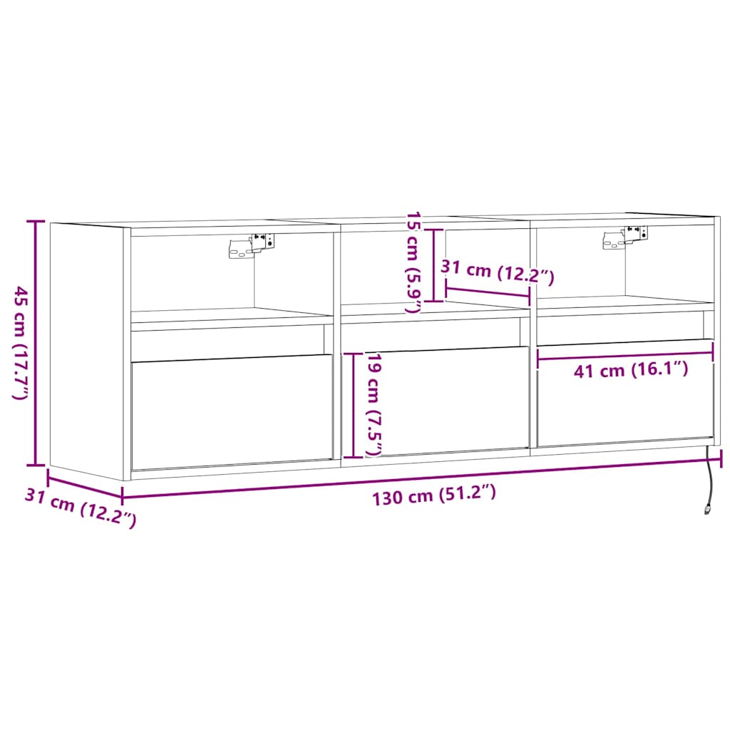 TV Wall Cabinet with LED Lighting Gray Sonoma 130 x 31 x 45 cm