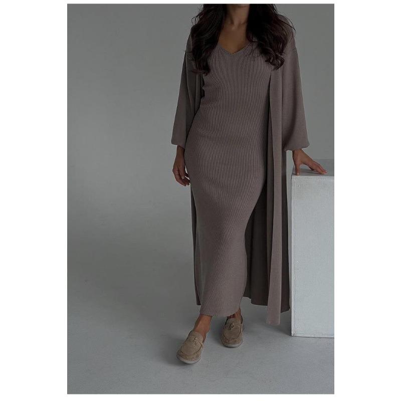 2026 Autumn European & American Solid Color Slim Knit Sweater Over-the-Knee Long Dress Set for Women