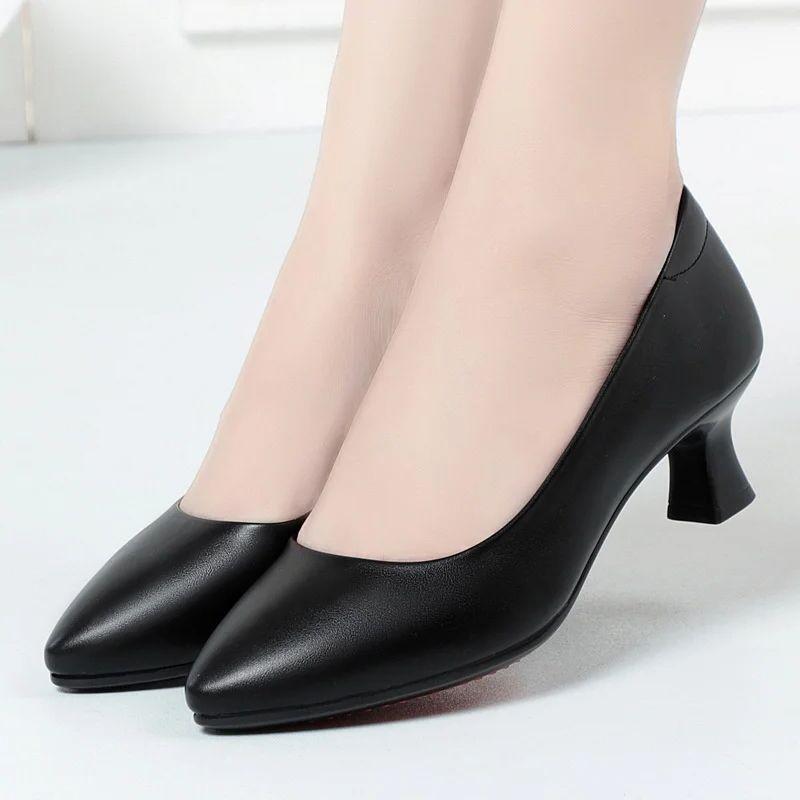 Spring Autumn High Heel Single Shoes Women's Low Heel Fashion Pointed Shoes Thick Casual Soft Leather Low Heel Work Shoes