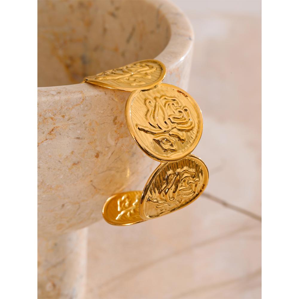 Eetit 60mm Waterproof Stainless Steel Metal Flower Shape Cuff Bracelet Bangle Golden Texture Open Fashion Jewelry