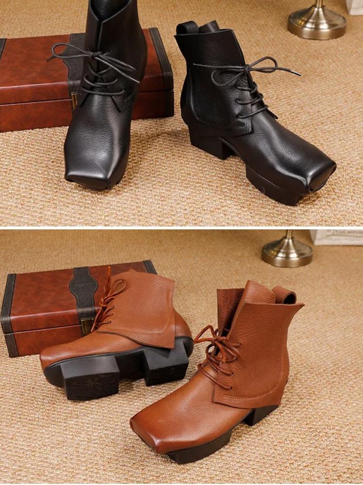 Johnature Square Toe Thick Heel Short Boots Genuine Leather Lace-up Women's Fashion Platform Boots