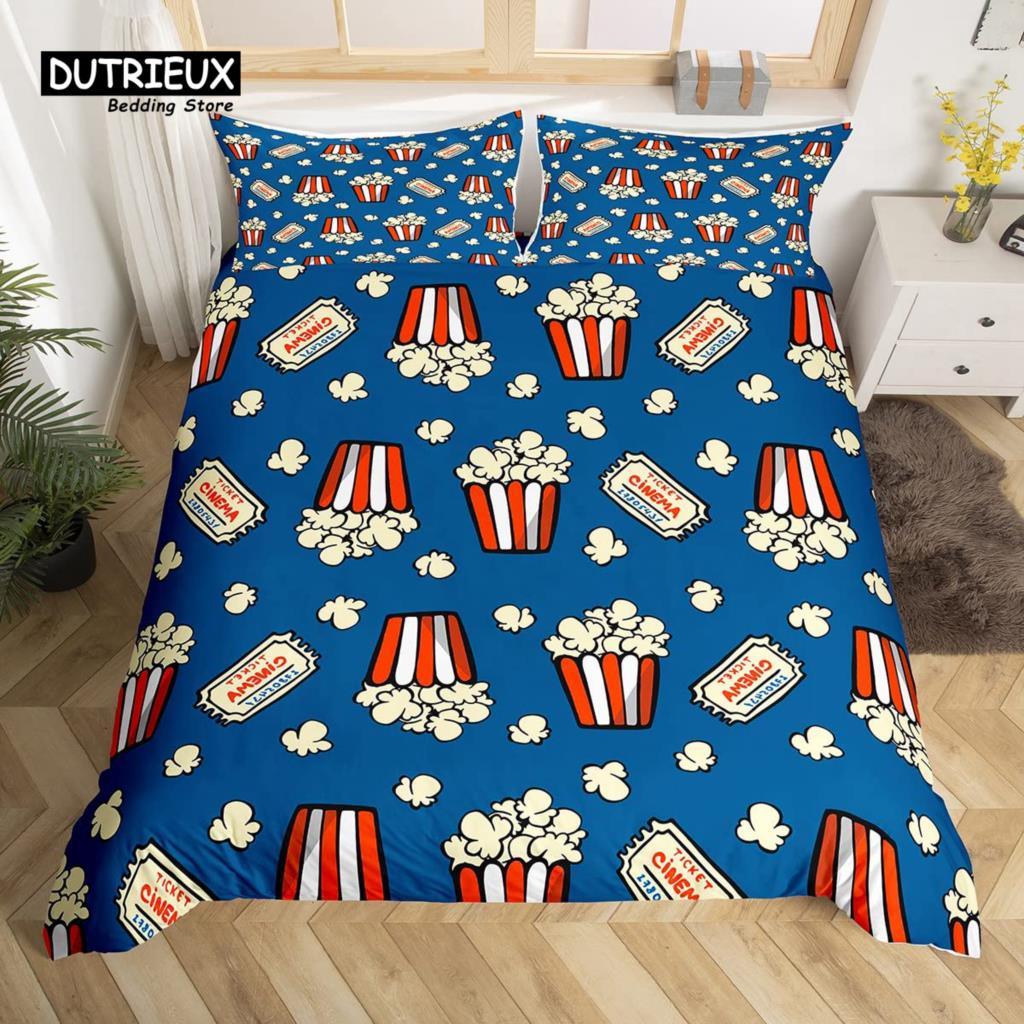Popcorn Duvet Cover Movie Theater Food Bedding Set Microfiber Cinema Poster Comforter Cover Twin Full For Kids Teens Room Decor