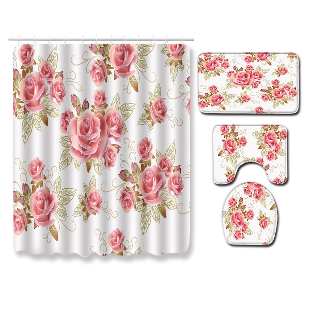 Painted Flowers Bathroom Shower Curtain Floor Mat Toilet Cover Foot Mat Four-Piece Pattern Size Fixed Zhi