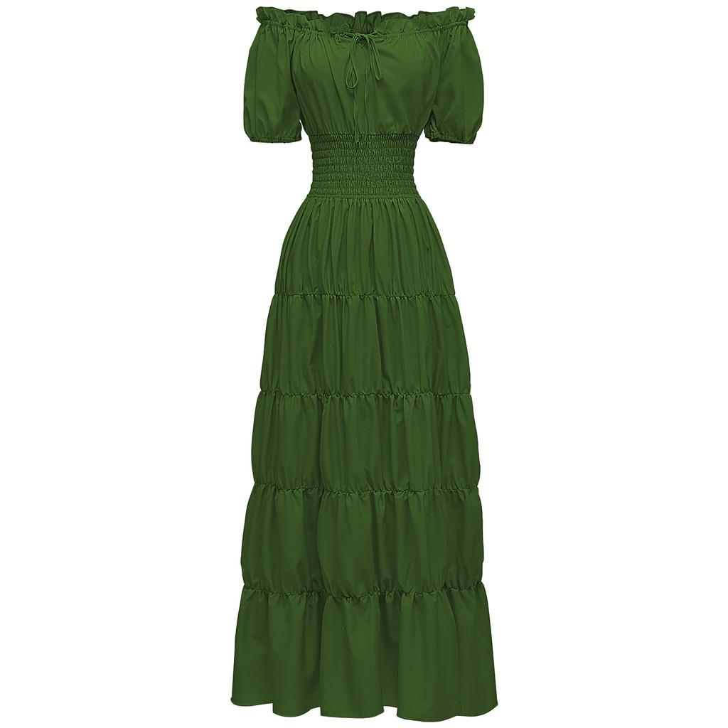Women's Solid Color Short Sleeve Boat Neck Waist Medieval Retro Long Plus Size Dress