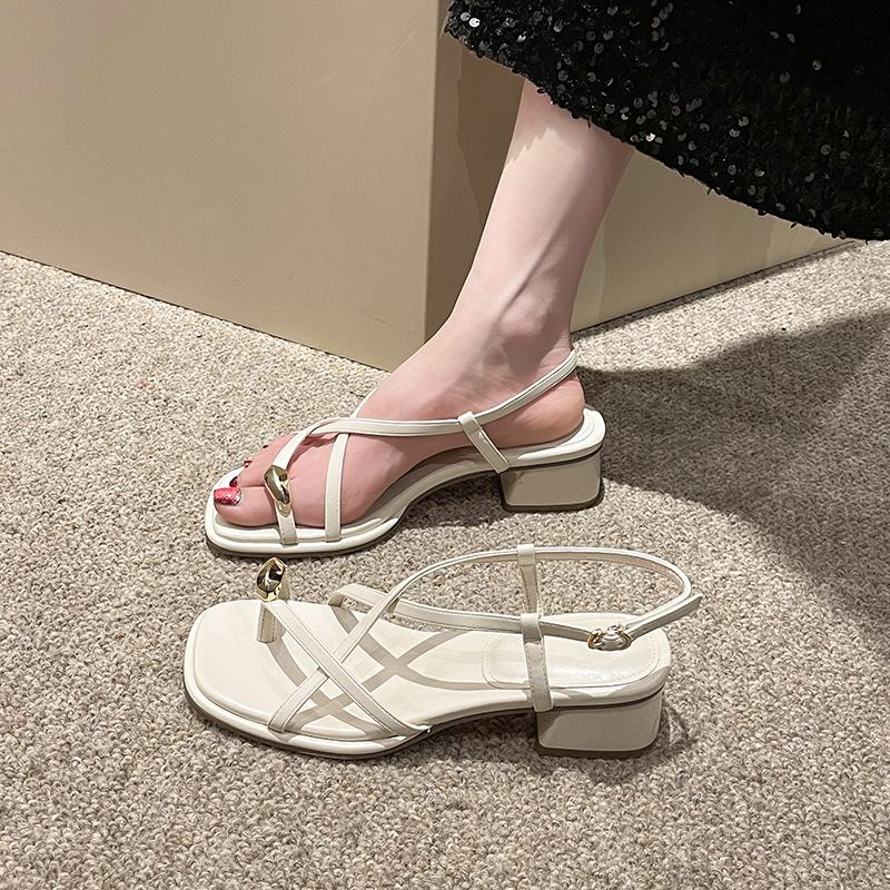 Fashion Summer New Thick Heel Sandals Women's Fashion Square Head Cover Toe Metal Buckle Anti-slip Wear-resistant High Heels