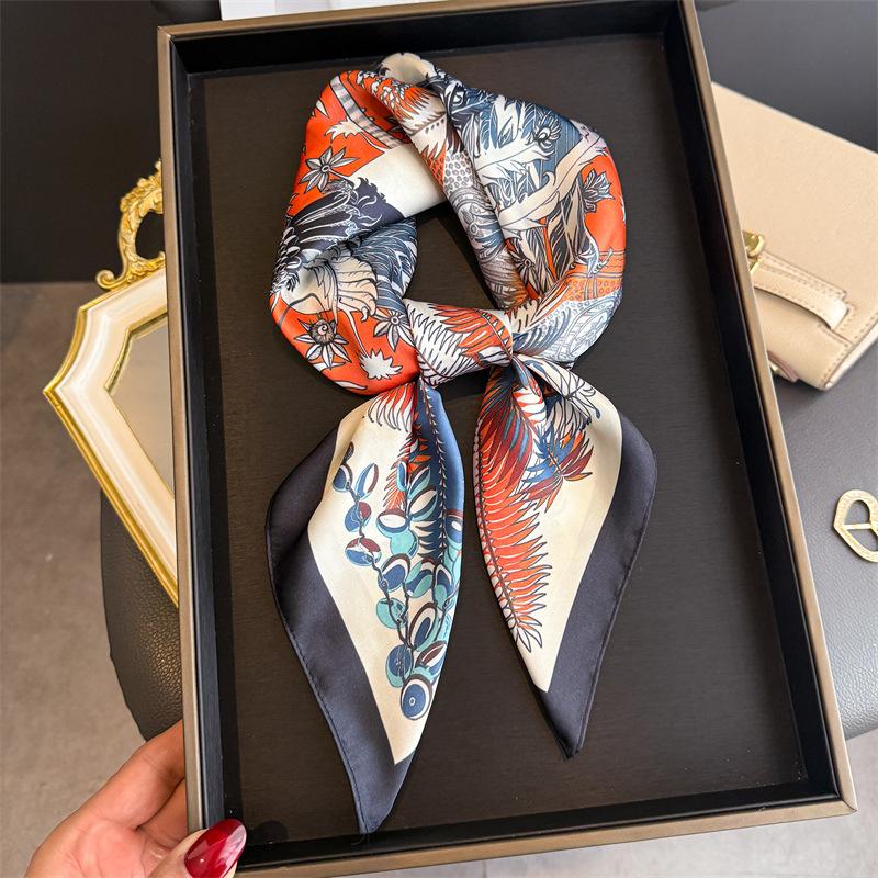 Oriental Aesthetic Simulation Silk Printing Silk Scarf Square Scarf High-end Shawl Sunscreen Neck Small Square Scarf Headscarf Female