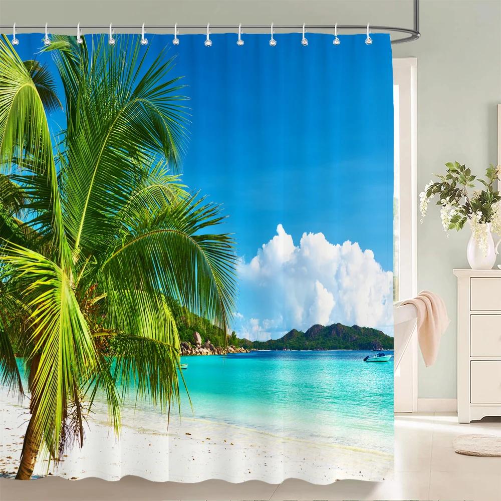 

High Quality Sunny Beach Palm Tree Printed Fabric Shower Curtains Sea Scenery Bath Screen Waterproof Bathroom Decor with Hooks W90xH180cm(35x70in)