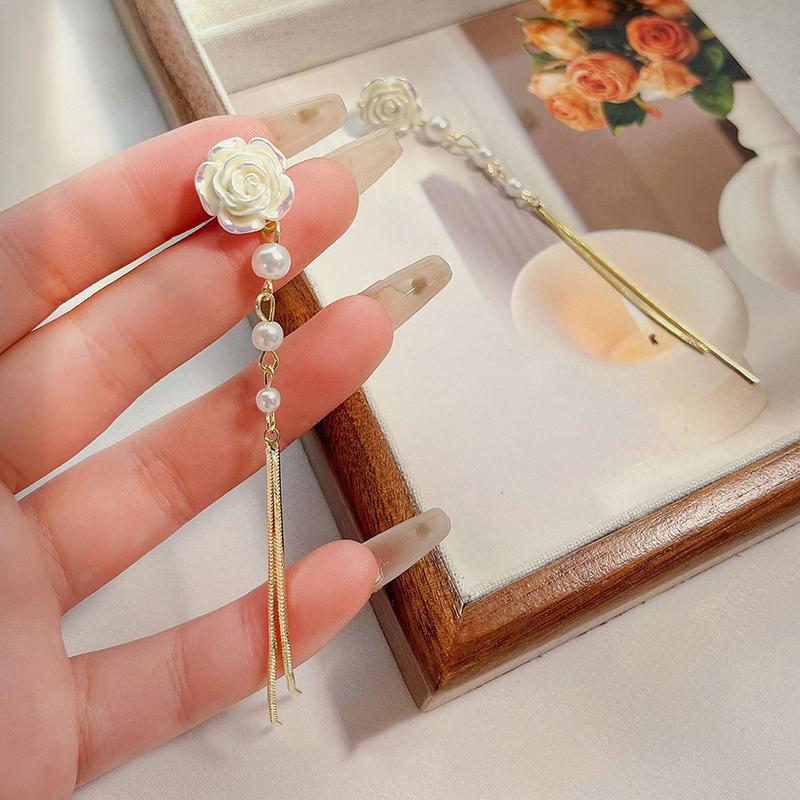 Elegant  Fairy Long Camellia Pearl Tassel Earrings For Women Minimalist Luxury Quality Jewelry Piercing Stud Earrings